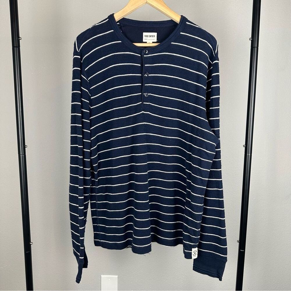 Todd Snyder Shirt Men Large Navy White Stripe Henley Thermal Long Sleeve Stretch